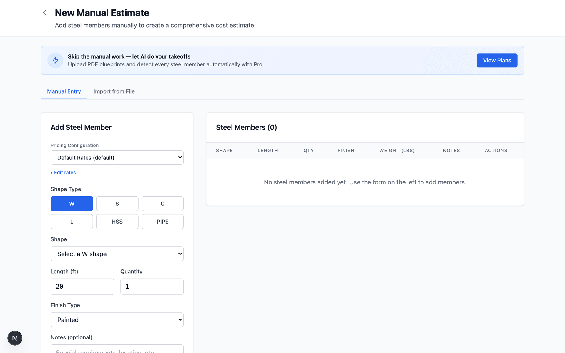 SteelFlo shape library showing W, S, C, L, HSS, and Pipe categories with instant search