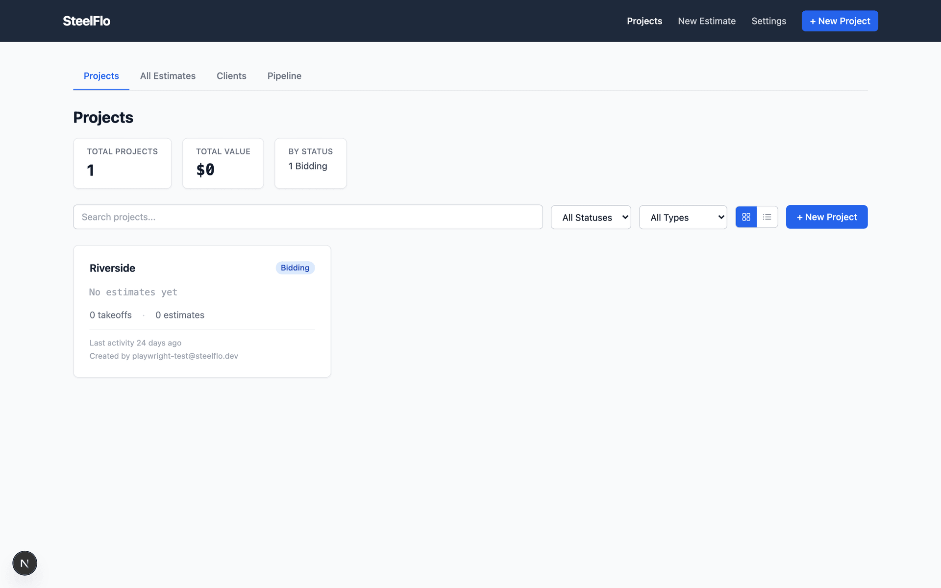 SteelFlo project dashboard with search, status filters, and project cards